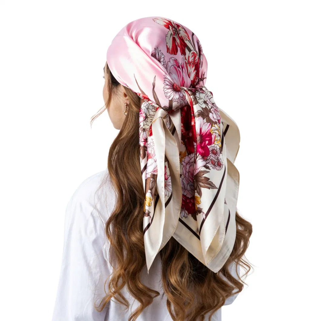 Spring Summer Women 35 Inch Square Silk Feeling Head Wrap Scarf