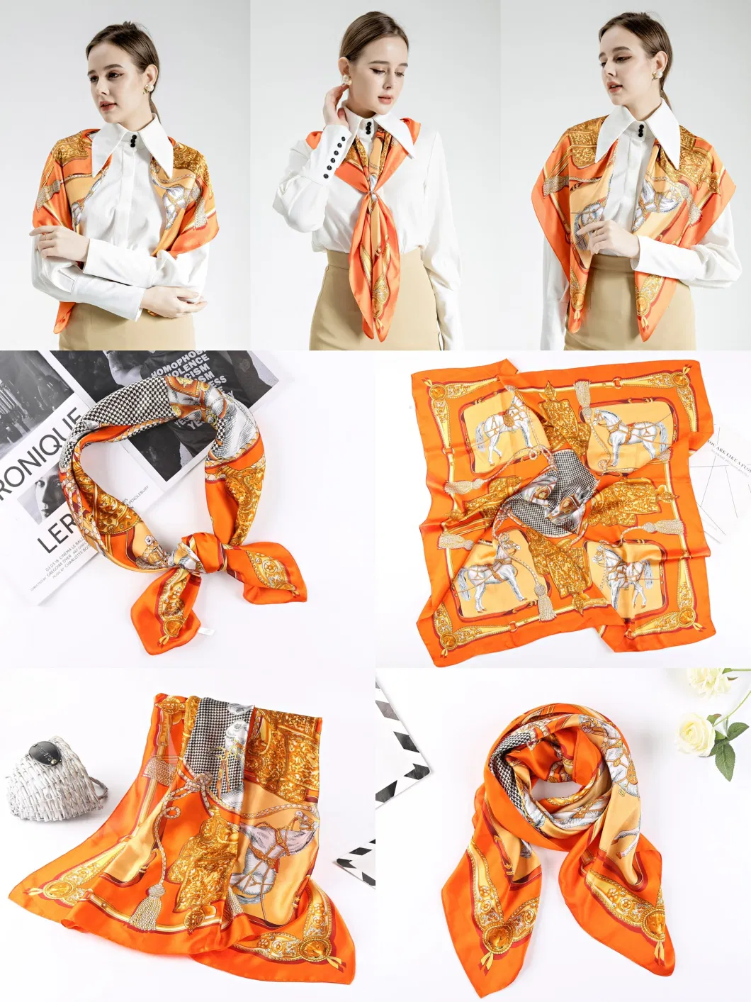 70X70cm Printed Colorful Square Fashion Silk Satin Scarf Polyester Scarves Hairband Bag Band